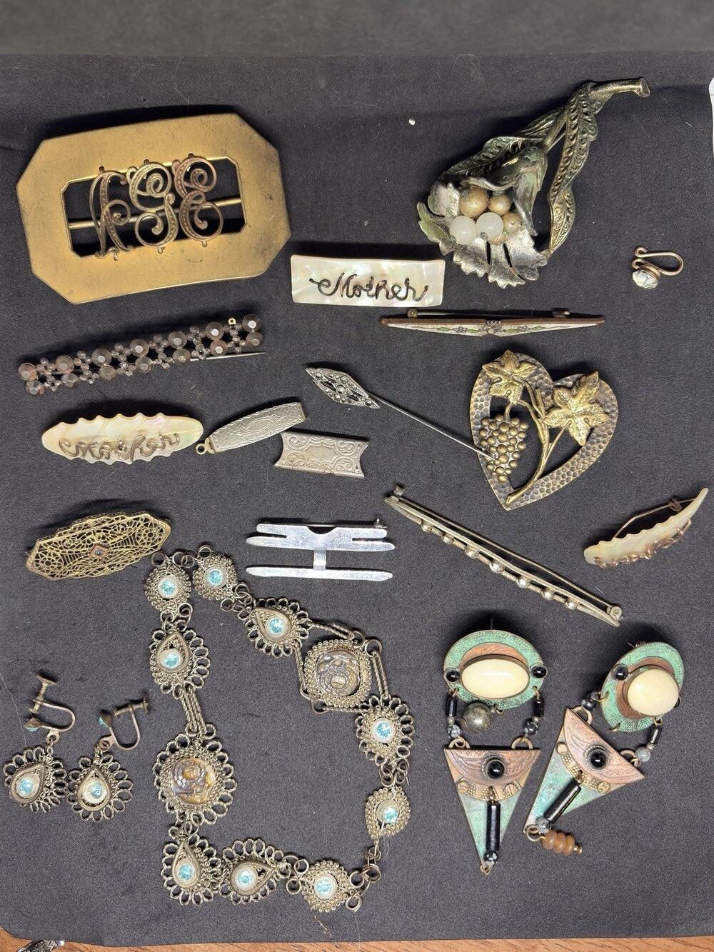Antique Victorian Floral Mother Of Pearl Filigree Rhinestone Brooch Jewelry Lot